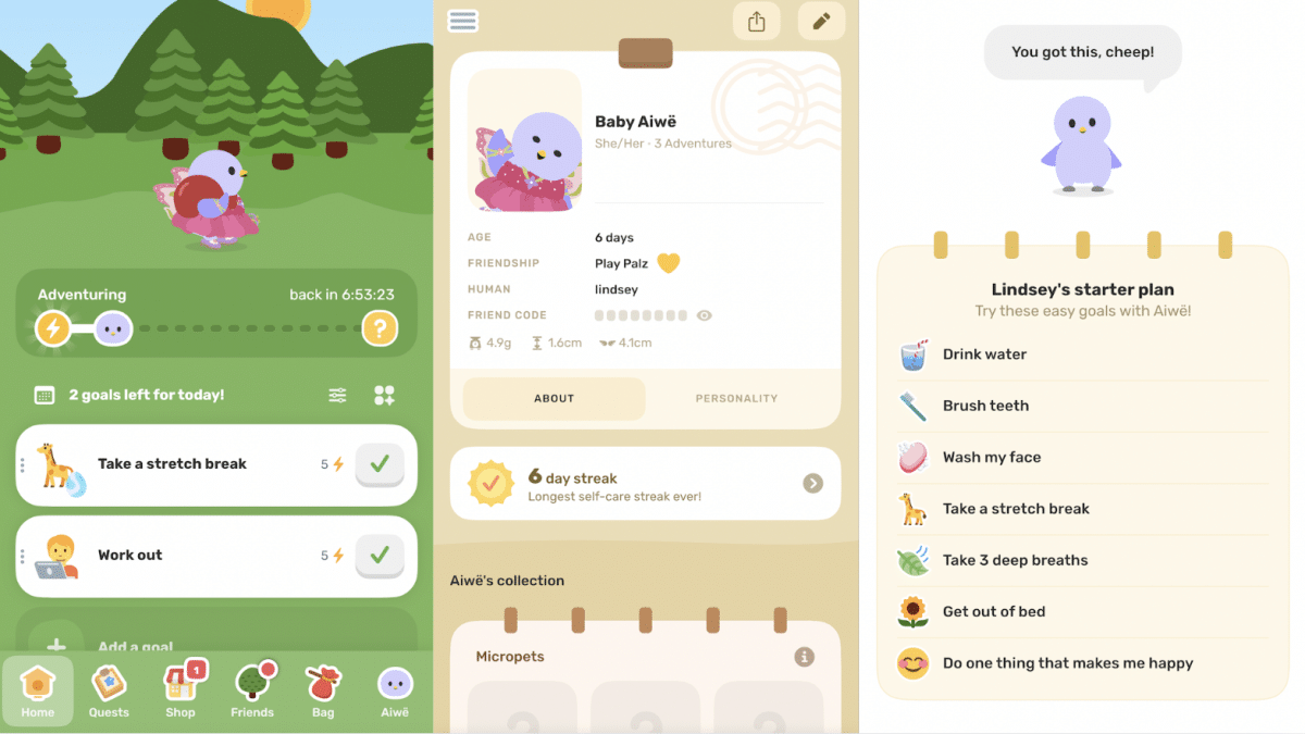 Interface d'application de bien-être avec tâches quotidiennes et avatar