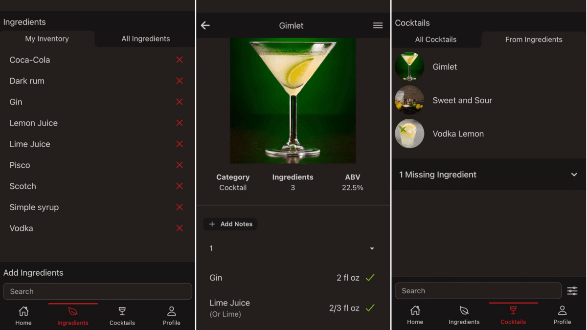 Interface d'application de gestion de cocktails avec liste d'ingrédients