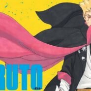 Personnage de Boruto avec une écharpe rose et un fond jaune