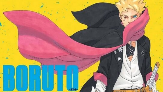 Personnage de Boruto avec une écharpe rose et un fond jaune