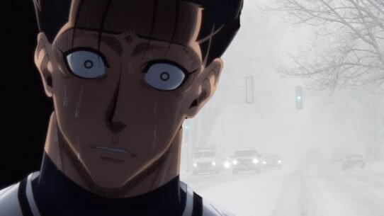 Personnage de manga avec expression inquiète sous la neige