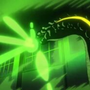 Créature projetant un rayon vert lumineux à l'intérieur d'un bâtiment