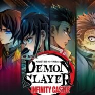 Personnages de Demon Slayer avec le logo du film Infinity Castle