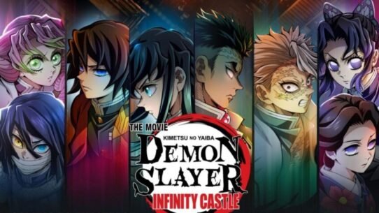 Personnages de Demon Slayer avec le logo du film Infinity Castle