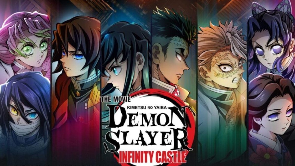 Personnages de Demon Slayer avec le logo du film Infinity Castle