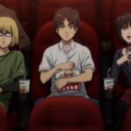 Trois personnages d'animation assis dans une salle de cinéma