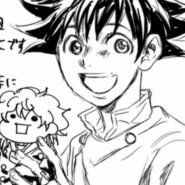 Dessin d'un personnage souriant avec une peluche, texte en japonais