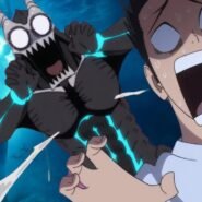 Deux personnages animés effrayés devant une créature gigantesque