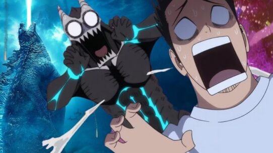 Deux personnages animés effrayés devant une créature gigantesque