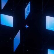 Illustration d'icônes numériques flottant dans un espace virtuel sombre