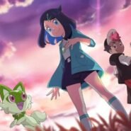 Personnages animés avec créatures sous un ciel coloré