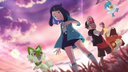 Personnages animés avec créatures sous un ciel coloré