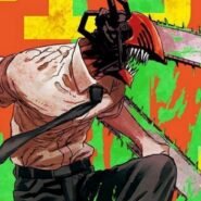 Personnage animé avec tête de tronçonneuse et fond coloré