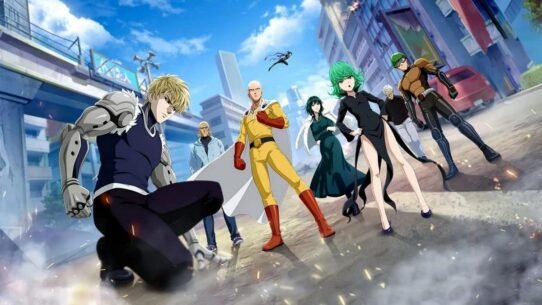 Groupe de héros de style anime prêt à agir dans une ville moderne
