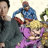 Homme devant des personnages de manga en arrière-plan