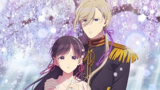 Personnages d'anime sous des cerisiers en fleurs