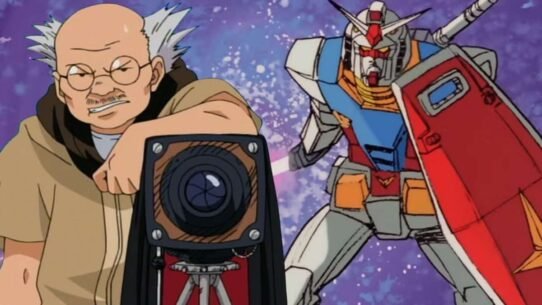 Personnage animé avec robot géant en arrière-plan