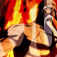 Personnage animé puissant entouré de flammes