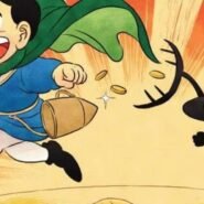 Personnage animé courant avec des pièces et un créature noire