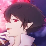 Personnage d'anime avec cheveux noirs et fond rouge