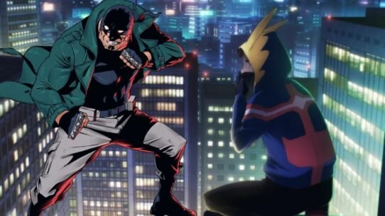 Deux personnages animés sur un toit de ville la nuit