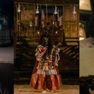 Personnes portant des masques traditionnels japonais dans différentes scènes