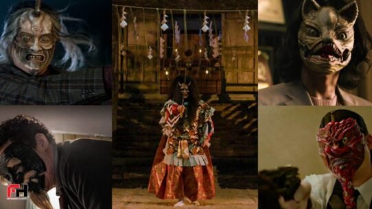 Personnes portant des masques traditionnels japonais dans différentes scènes