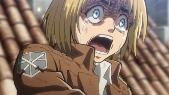 Personnage animé aux cheveux blonds en pleurs avec un fond de tuiles