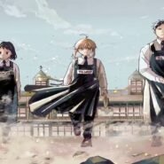 Trois personnages animés en tablier devant un bâtiment