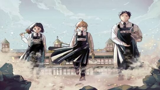 Trois personnages animés en tablier devant un bâtiment