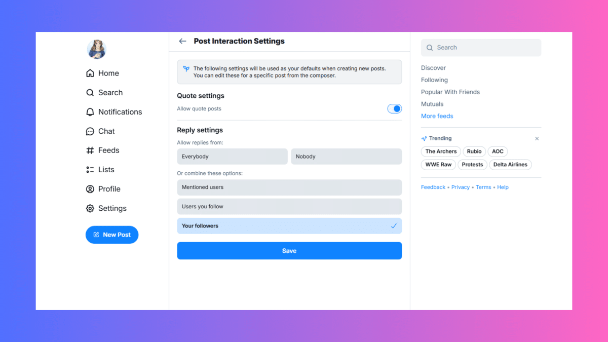 Interface de réglage des interactions de publication sur un réseau social