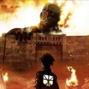 Un géant regardant par-dessus un mur avec des flammes en arrière-plan