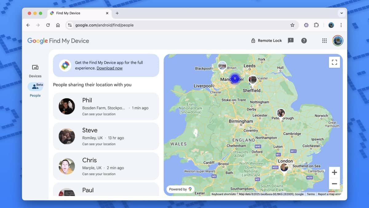 Interface Google Find My Device montrant des localisations sur une carte