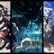 Affiche de Jujutsu Kaisen avec plusieurs personnages en action