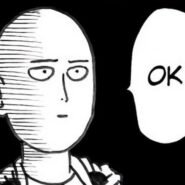 Personnage de bande dessinée avec une expression neutre et une bulle disant OK