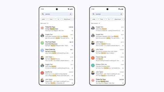 Deux écrans de smartphone affichant des résultats de recherche d'e-mails.