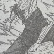 Personnage de manga en action au milieu de débris volants