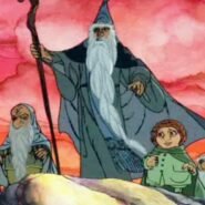 Groupe de personnages animés en quête sous un ciel rougeoyant