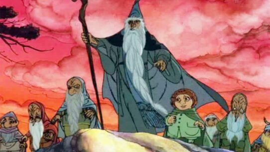 Groupe de personnages animés en quête sous un ciel rougeoyant