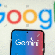 Logo de Google en arrière-plan avec Gemini sur un écran de smartphone