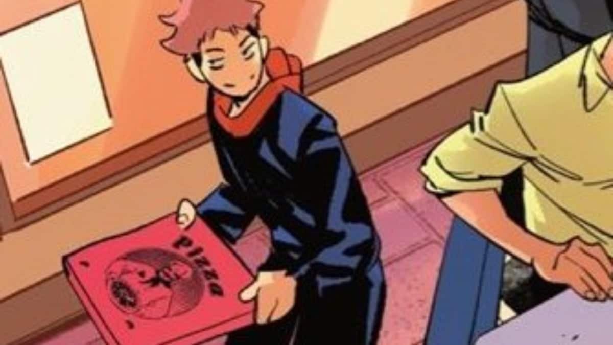 Personnage animé avec une boîte à pizza dans un couloir