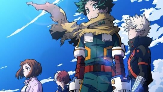 Quatre personnages d'animé regardant vers l'horizon