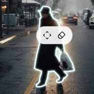 Personne en manteau sombre marchant sur une rue pluvieuse