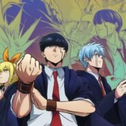 Personnages d'anime en uniforme avec fond coloré