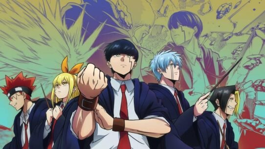 Personnages d'anime en uniforme avec fond coloré