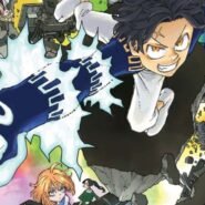 Personnage de manga sautant avec puissance dans un décor coloré