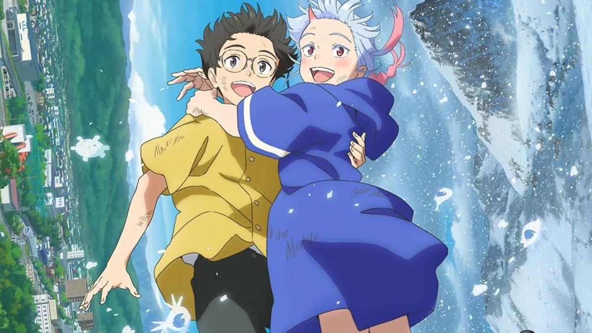 Deux personnages d'anime volant au-dessus d'une ville