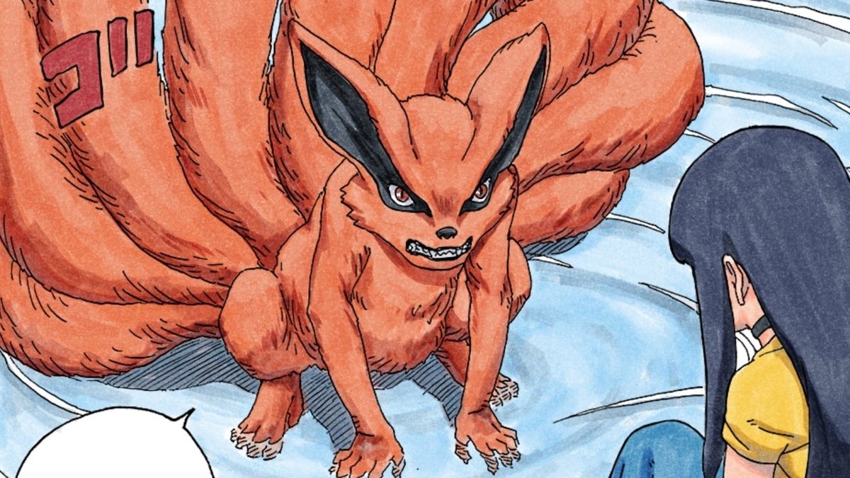 Créature à neuf queues face à une jeune fille dans un dessin animé