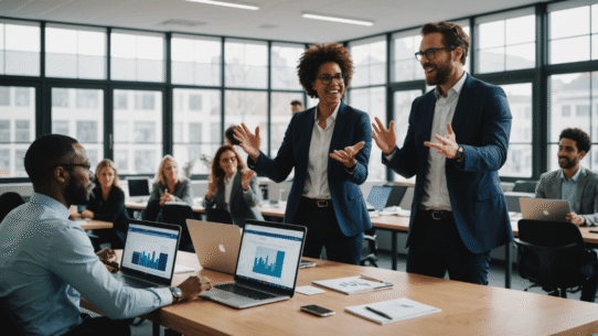 Professionnels en réunion dans un bureau moderne avec ordinateurs portables