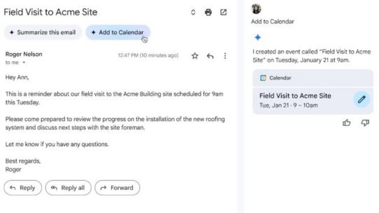 Email de rappel pour une visite de chantier avec option d'ajout au calendrier